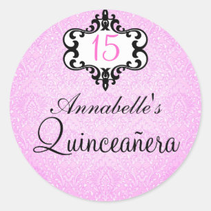 Rond Élégant Sticker en Damas Chic Rose/Noir Quinceañer