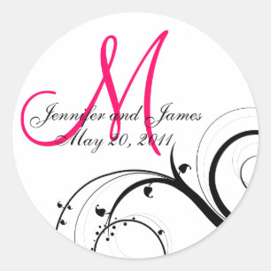 Rond Élégant Sticker Mariage Monogram Hot Pink