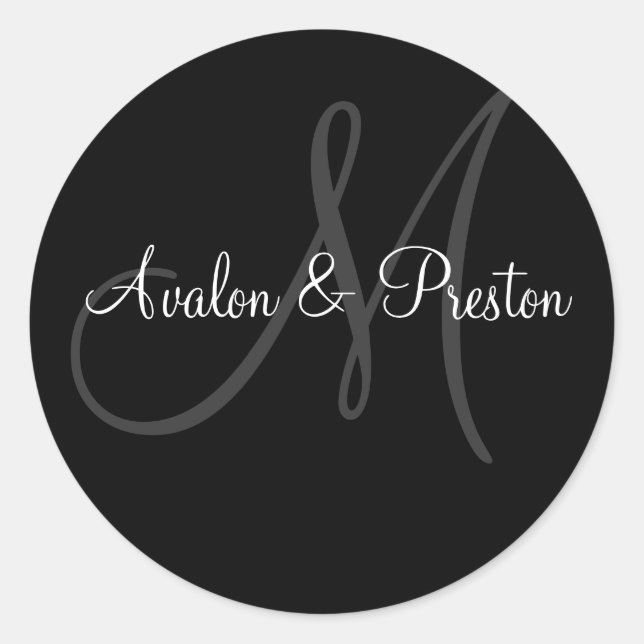 Rond Élégant Sticker Mariage Monogram noir & blanc (Devant)