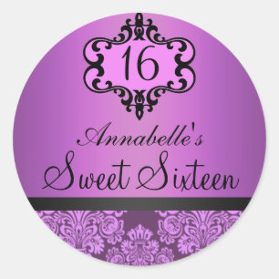 Rond Élégant Violet Chic Damask Sweet 16 Sticker