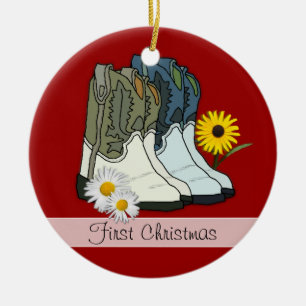 Rond En Céramique Bottes de cowboy, premier Noël ornement personnali