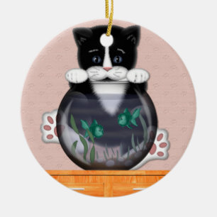 Rond En Céramique Chat et ornement de bocal à poissons