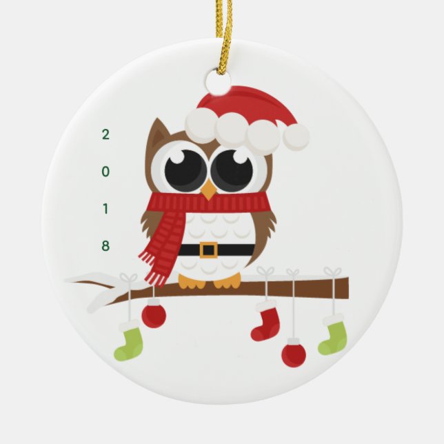 Rond En Céramique ornement de fête du hibou 2018 (Joyeux Noël !) (Devant)