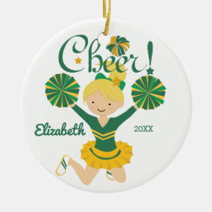 Rond En Céramique Ornement de pom-pom girl blonde Vert & Or