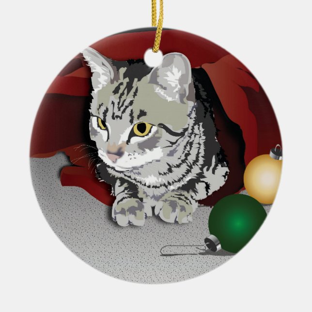 Rond En Céramique Ornement de vacances de chat tigré (Devant)