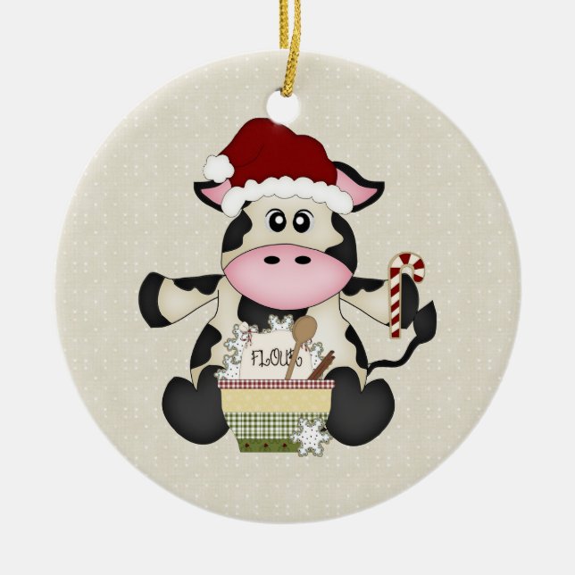 Rond En Céramique Ornement mignon de vache à Noël (Devant)