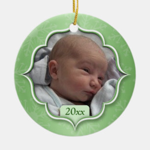 Rond En Céramique Ornement vert de photo de premier Noël du bébé