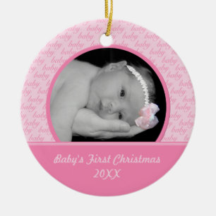 Rond En Céramique Premier ornement de photo de Noël du bébé rose