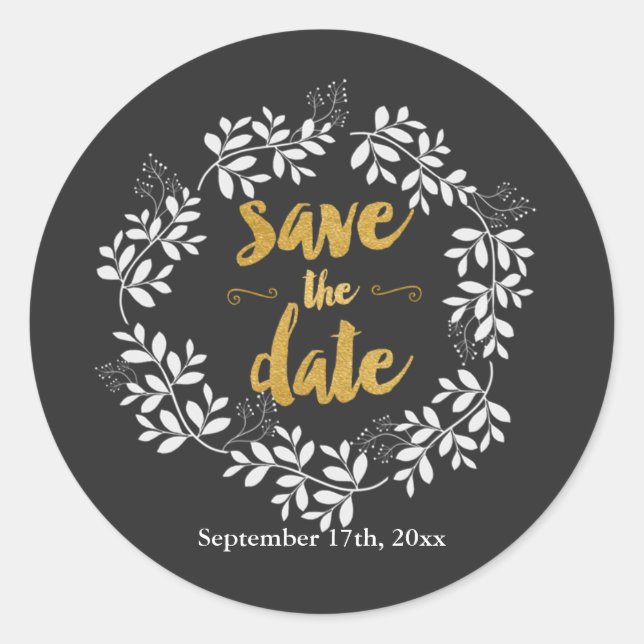 Rond ENREGISTRER LA DATE Moderne Feuille Wreath Sticker (Devant)