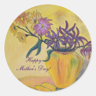 Rond Fête des Mères Vase Jaune Fleurs Peinture Sticker