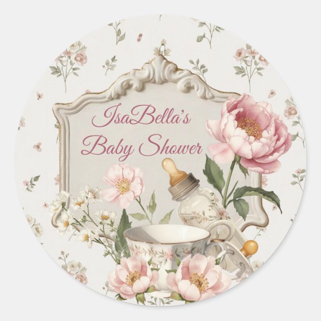 Rond First Bloom Baby Shower Classic Round Sticker (Devant)