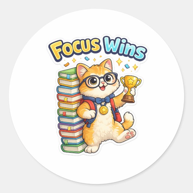 Rond Focus Wins Cute Study Cat Sticker (Devant)