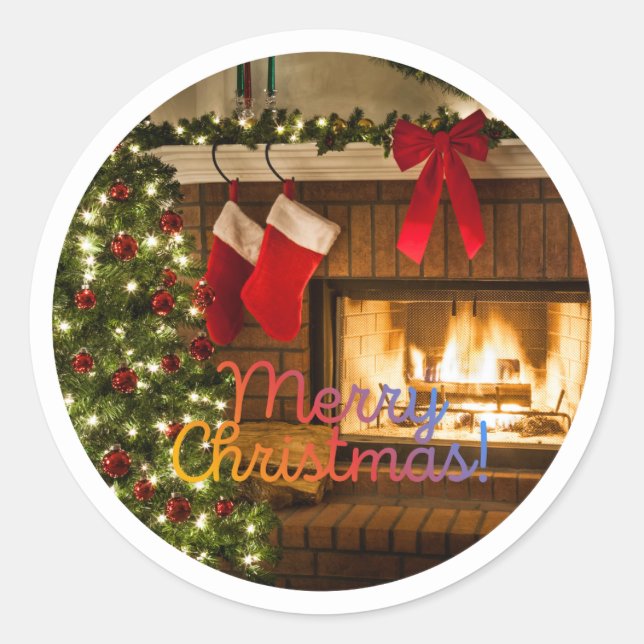 Rond Glowing Christmas Tree and Fireplace Round Sticker (Devant)
