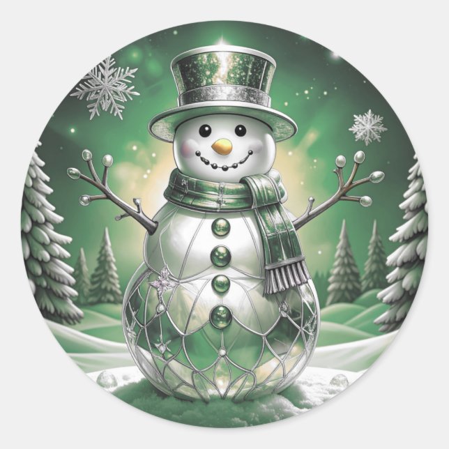 Rond Green Snowman Snowflakes Holiday Sticker (Devant)