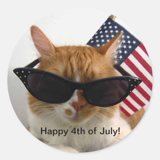 Rond Happy 4 juillet Cool Chat avec Sticker Drapeau (Devant)
