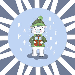 Rond Happy Holidays Polar Bear Bleu Sticker