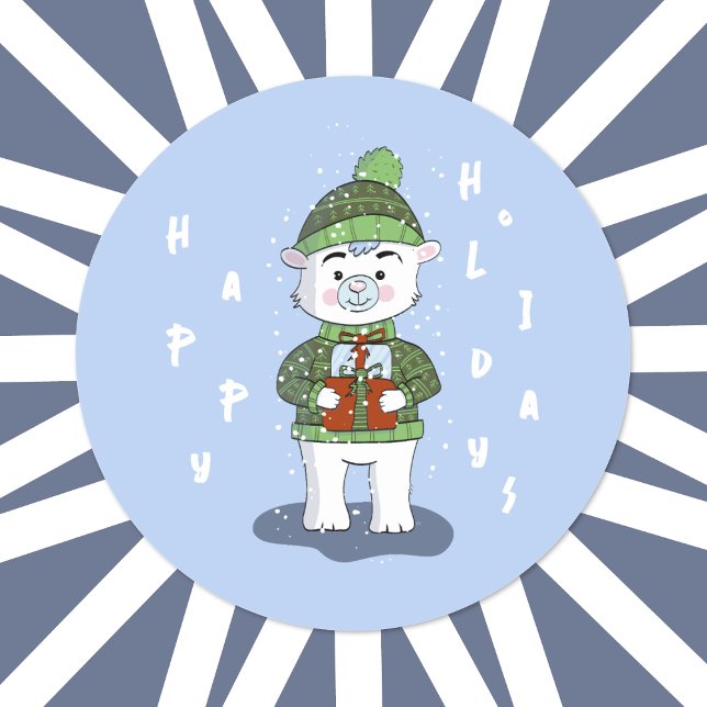 Rond Happy Holidays Polar Bear Bleu Sticker (Cute Polar bear Happy Holidays round blue sticker .
)