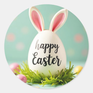 Rond Happy sticker de Pâques avec un lapin oreilles sur
