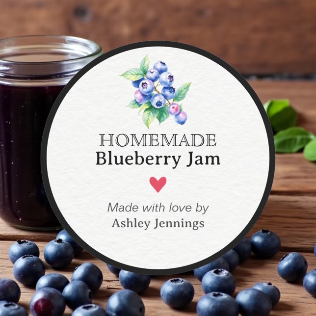 Rond Homemade Blueberry Jam Label | Custom Sticker (Made with love label for homemade jam jars)