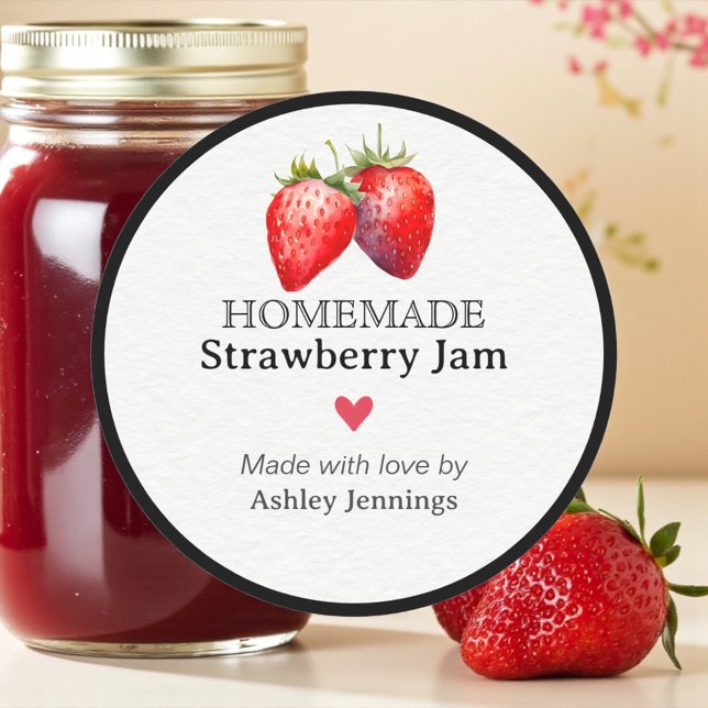 Rond Homemade Strawberry Jam Label | Custom Sticker (Homemade strawberry jam label with watercolor strawberries)