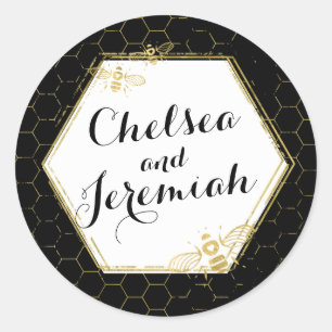 Rond Honey Bee Black Gold Custom Name Sticker Mariage