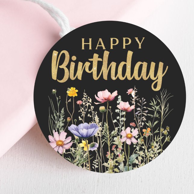 Rond Joyeux Sticker Classique Fleur sauvage Anniversair (Happy Birthday Wildflower Simple Classic Sticker)