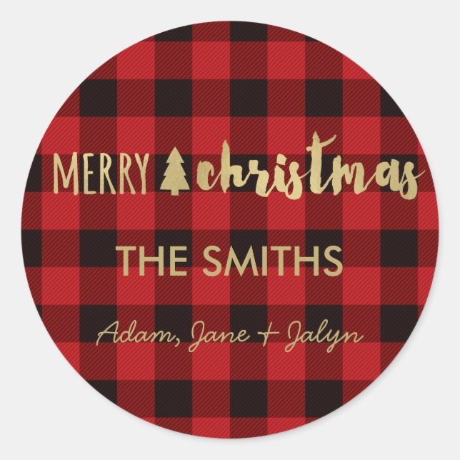 Rond Joyeux Sticker de Noël Buffalo Check et or (Devant)