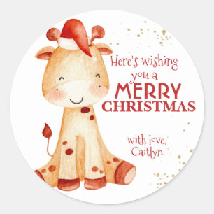 Rond Joyeux Sticker de Noël, Père Noël de Giraffe, Noël