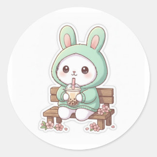 Rond Kawaii Bunny Bubble Tea Sticker