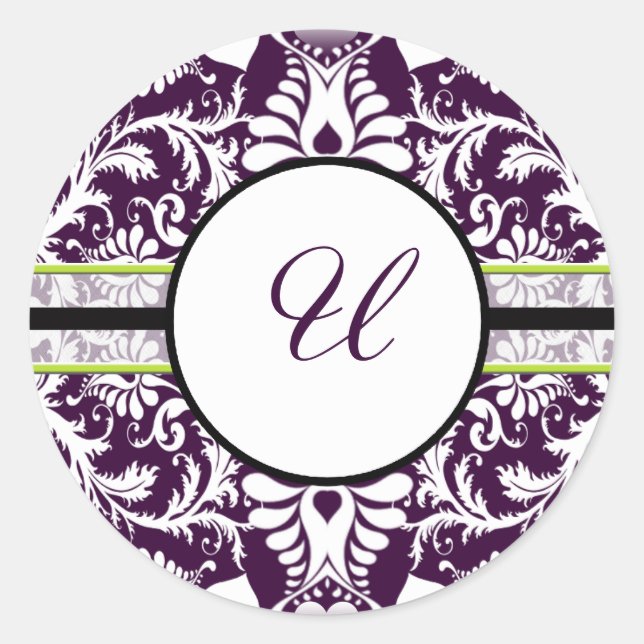 Rond LETTRE Sticker initiale pourpre Damask U Mariage (Devant)