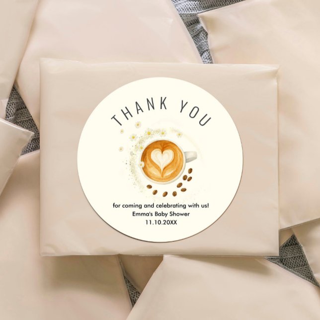 Rond Love is Brewing Baby Shower Sticker (Love is Brewing Baby Shower Sticker #zazzlemade #coffeebabyshower #watercolorflowers #daisesflowers)