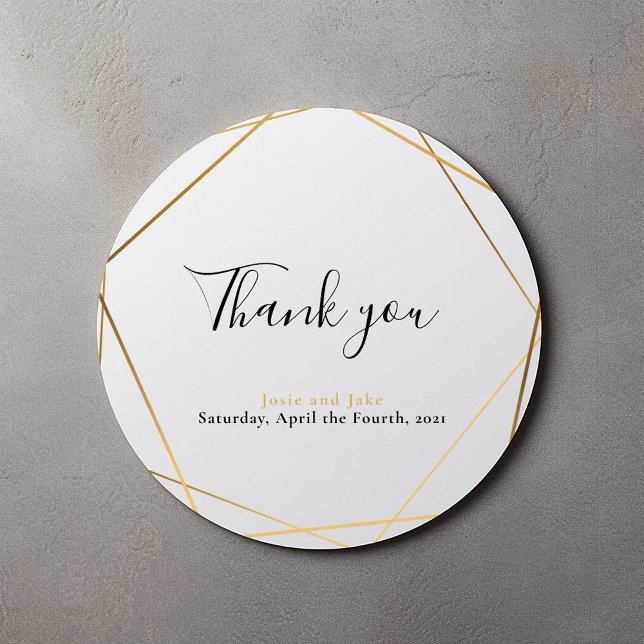 Rond Mariage de l'effet d'or géométrique merci sticker (Gold effect geometric wedding thank sticker with elegant script.)