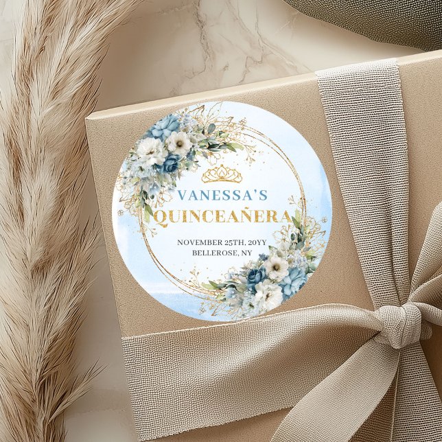 Rond Modern Quinceañera Sticker Blue Gold Greenery (Modern Quinceañera Sticker Blue Gold Greenery)