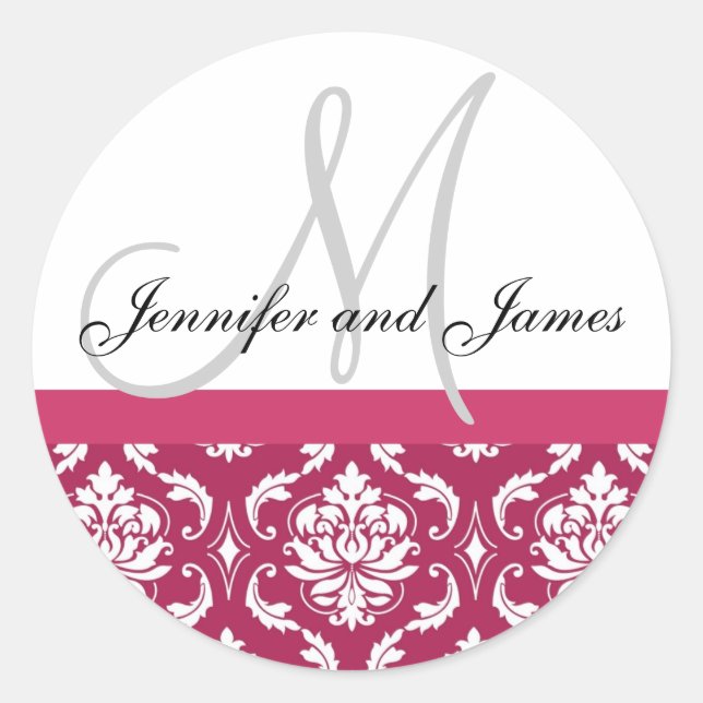 Rond Monogramme et noms Damask Hot PInk Sticker Mariage (Devant)