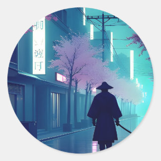Rond Neon Samurai Sticker – Retro Anime Cyberpunk Tokyo