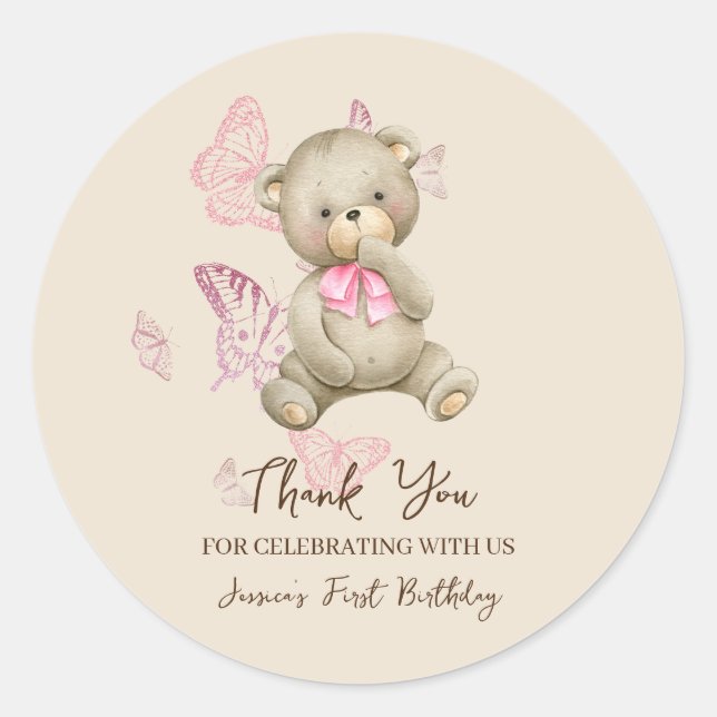 Rond Ours Teddy Avec Sticker Papillons Rose (Devant)