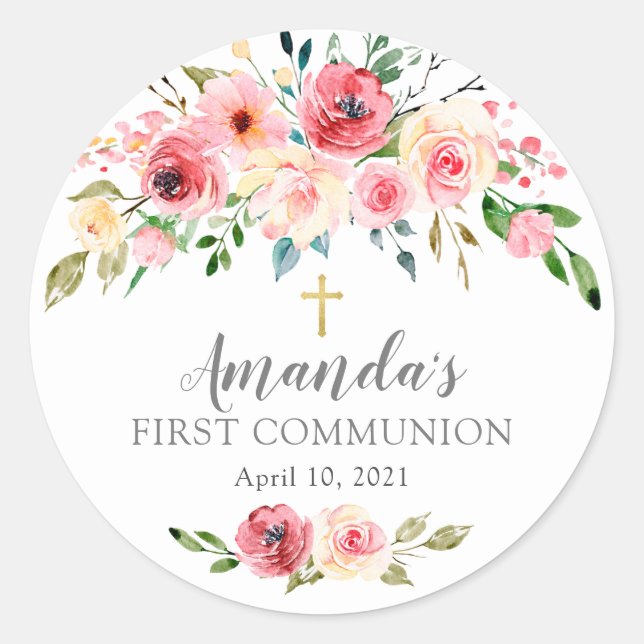 Rond Peonies Rose Floral First Communion Sticker (Devant)