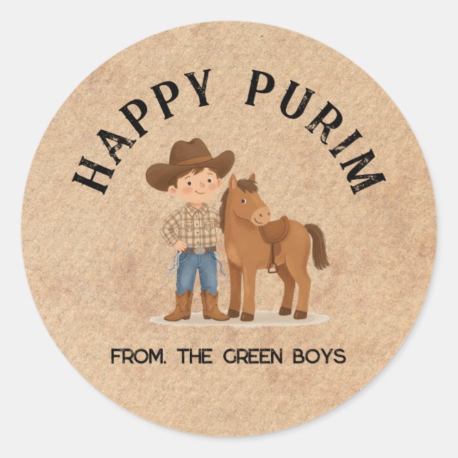 Rond Personalized Happy Purim Round Sticker - Cowboy (Devant)
