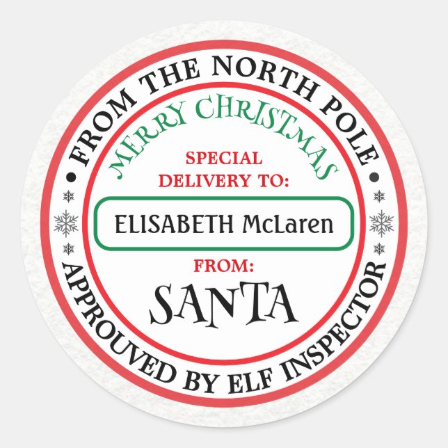 Rond Personalized North Pole Santa Name Sticker (Devant)