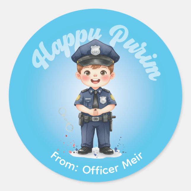 Rond Personalized Purim Sticker - Police Theme (Devant)