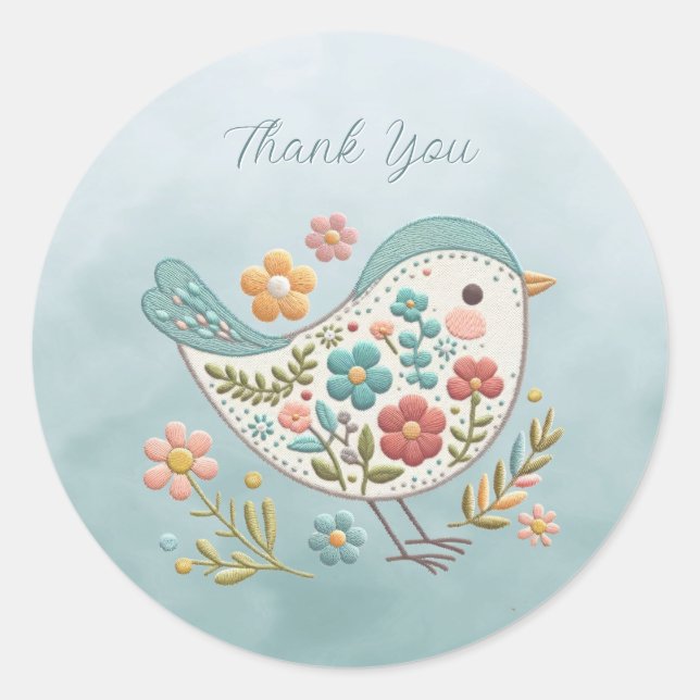 Rond Petit Oiseau Bleu Fleurs Roses Sticker (Devant)