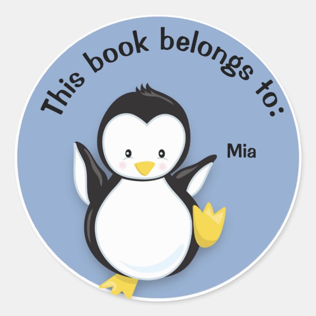 Rond Pingouin mignon sur Blue Book Nom Plaque Sticker (Devant)