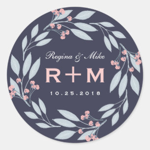Rond Pink Blue Leaf Flower Wreath Wedding Favor Sticker