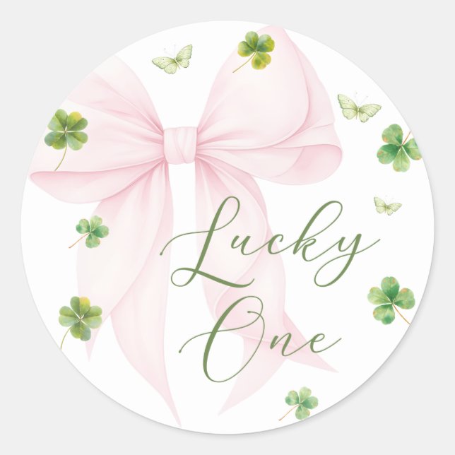 Rond Pink Bow Lucky One 1st Birthday Sticker (Devant)