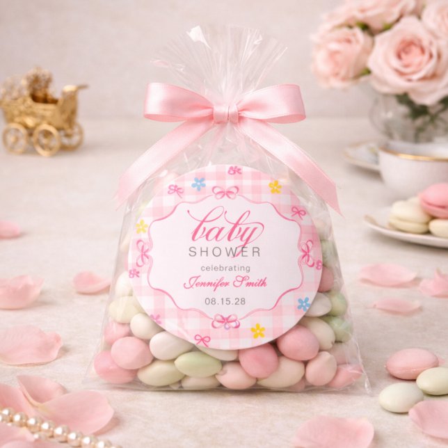 Rond Pink Gingham Floral Bow Baby Shower Sticker (Créateur téléchargé)