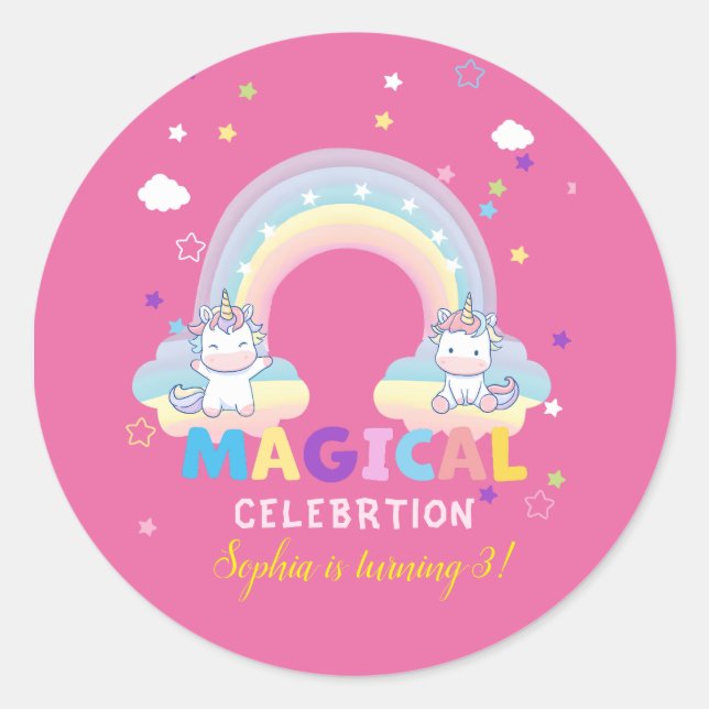 Rond Pink Unicorn Celebration Sticker (Devant)
