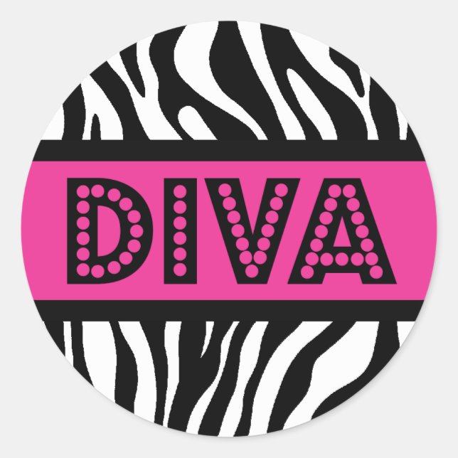 Rond Pink & Zebra Print DIVA Typography Party Sticker (Devant)