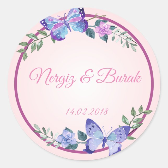 Rond purple butterfly wedding sticker (Devant)
