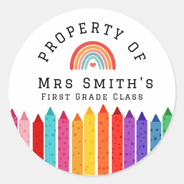 Rond Rainbow Crayons Property Of Classroom Sticker Rain (Devant)