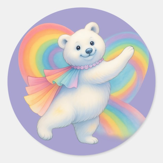 Rond Rainbow Polar Bear Kids Sticker – Cute Character  (Devant)
